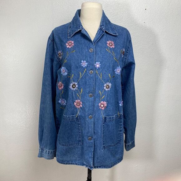 Vtg Agapo Chore Jacket Blouse Top Large Petite Denim Floral Embroidery Country - Picture 5 of 11